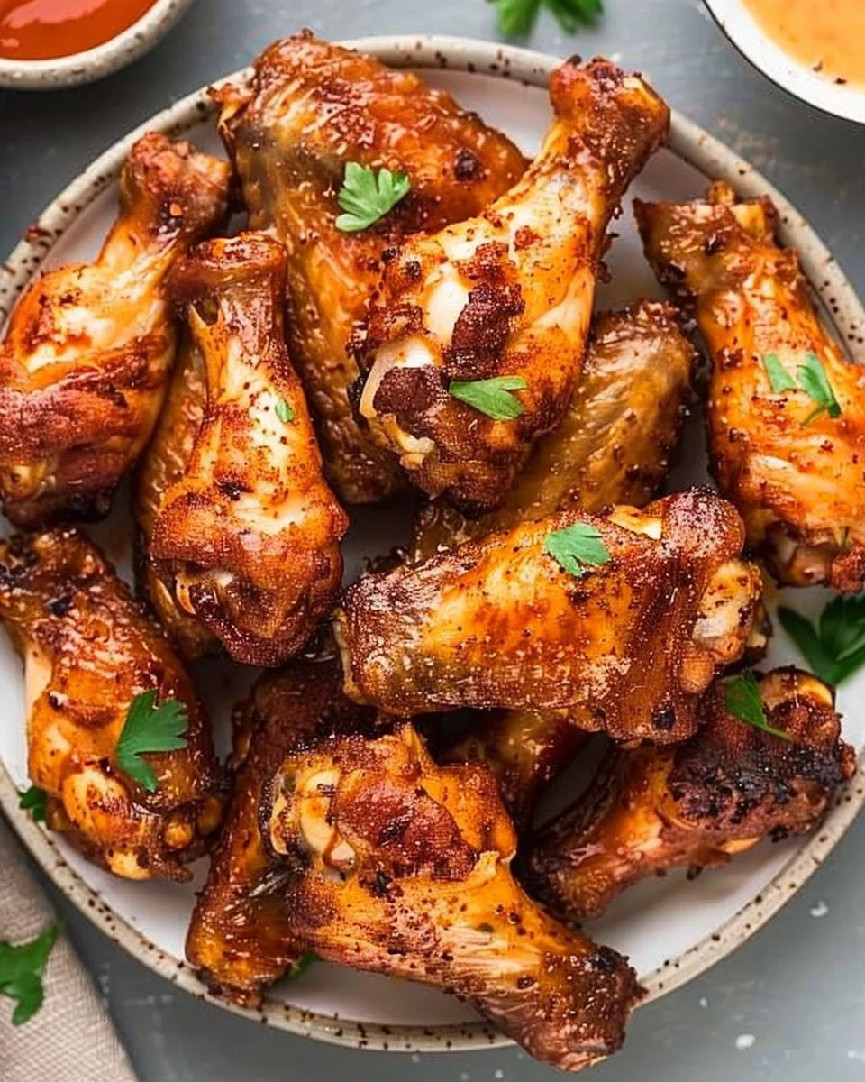 Delicious crispy air fryer chicken wings topped with seasonings and served hot.