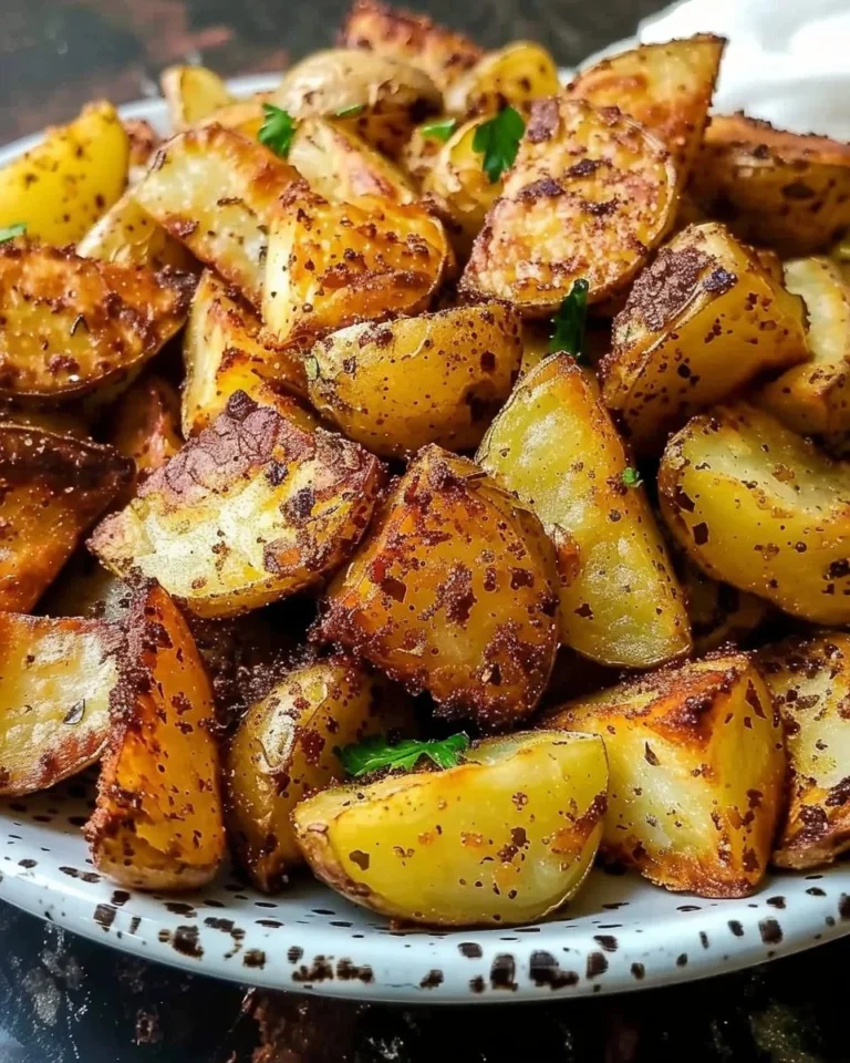 A plate of crispy air fryer potatoes, golden brown and perfectly seasoned.