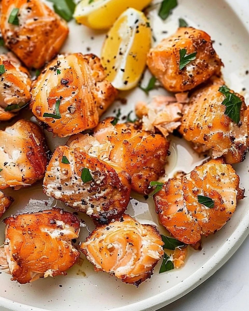 Crispy air fryer salmon bites served on a plate with dipping sauce