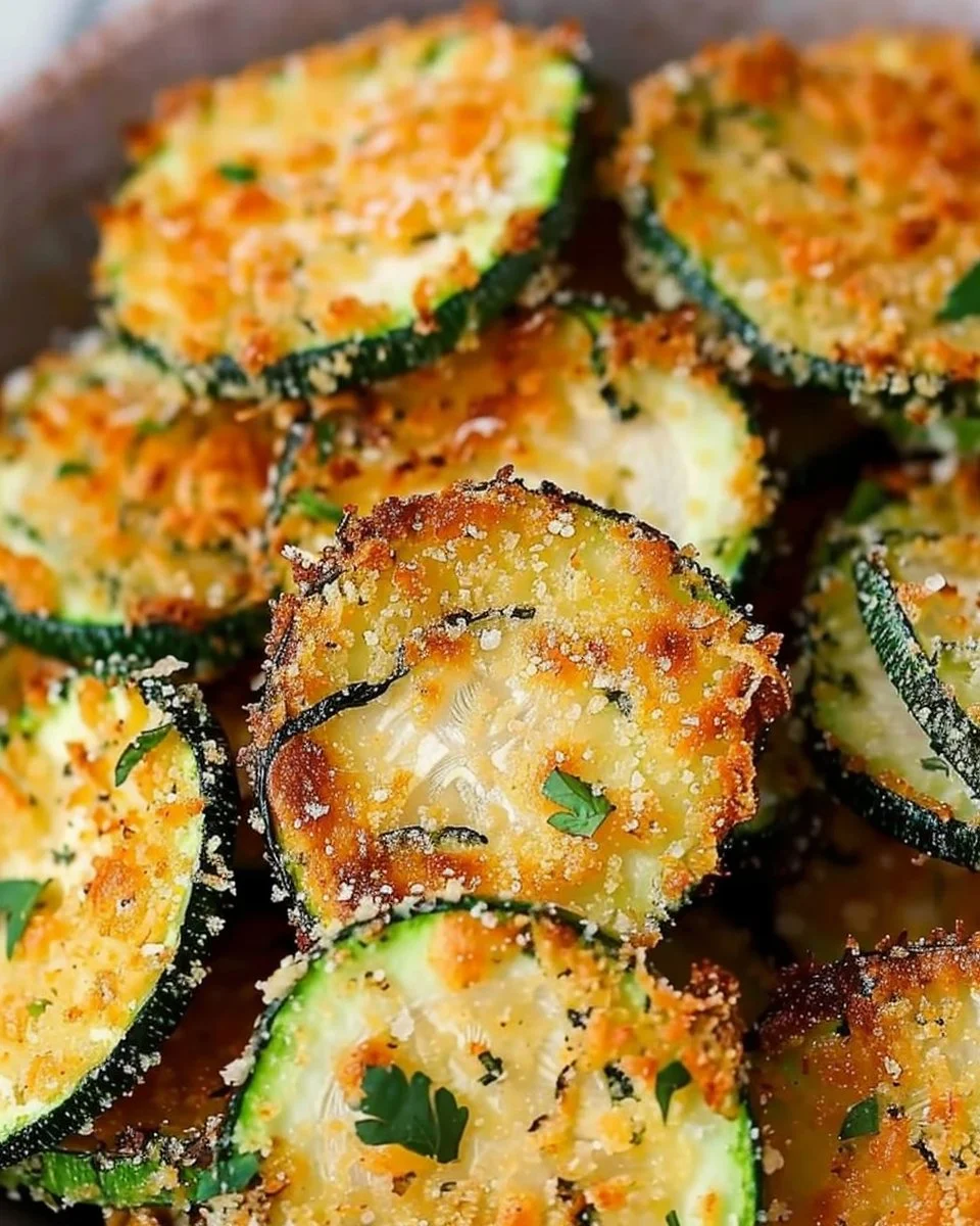 Crispy air fryer zucchini chips topped with parmesan cheese