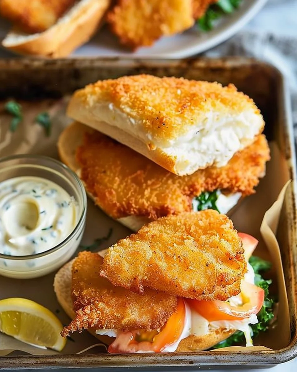 Crispy fish sandwich served with fresh lettuce and tartar sauce