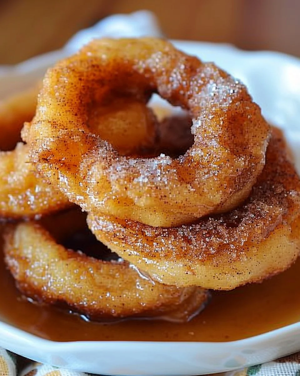 Crispy fried cinnamon apple rings served on a plate, golden brown and sweet.