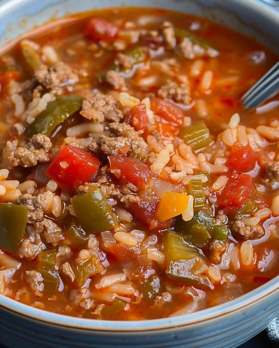 Crock Pot Stuffed Pepper Soup in a bowl, garnished with fresh herbs