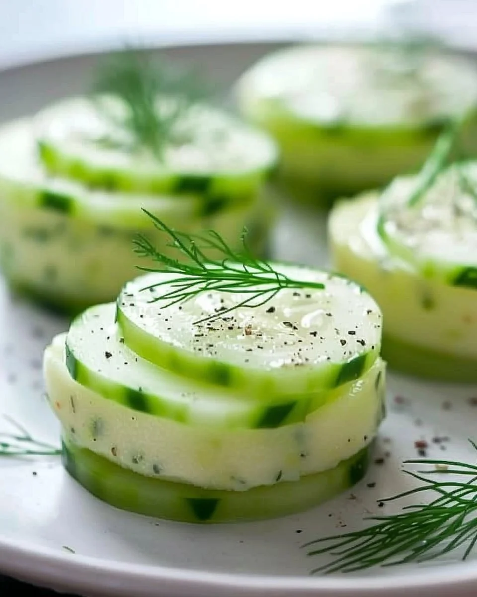 Cucumber-Dill Canape topped with fresh dill and cucumber slices