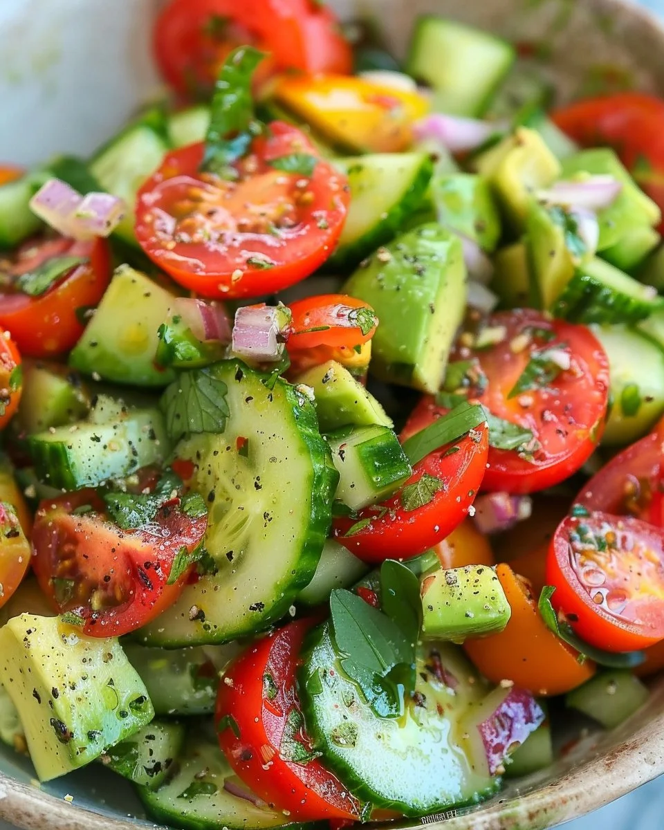 Cucumber Tomato Avocado Salad with fresh ingredients and vibrant colors