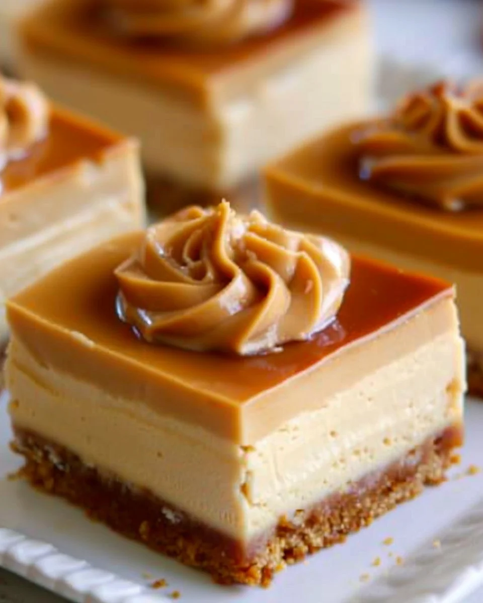 Delicious Dulce de Leche cheesecake bars served on a white plate