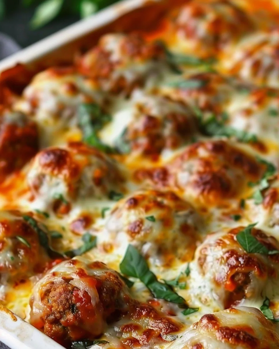 Delicious dump-and-bake meatball casserole baked with cheese and pasta