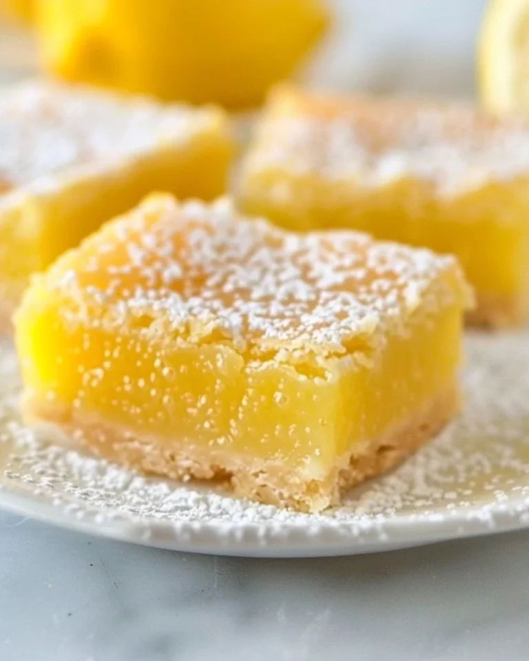 Delicious easy lemon bars with powdered sugar topping on a plate