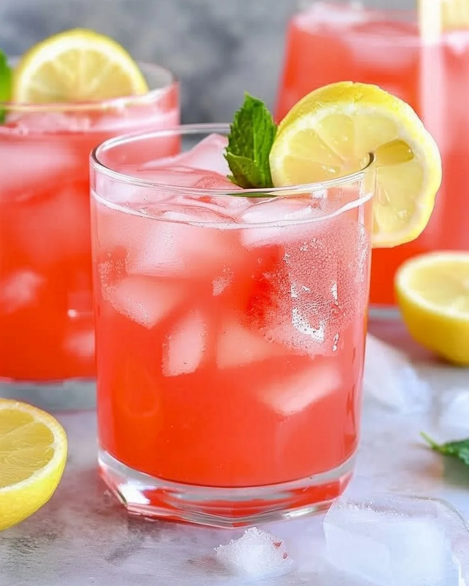 Delicious glass of easy watermelon lemonade garnished with lemon slices.