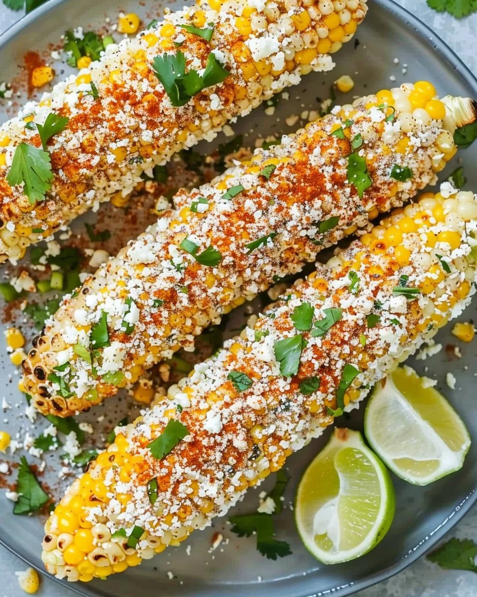 Delicious elote, or Mexican street corn, topped with cheese and spices.
