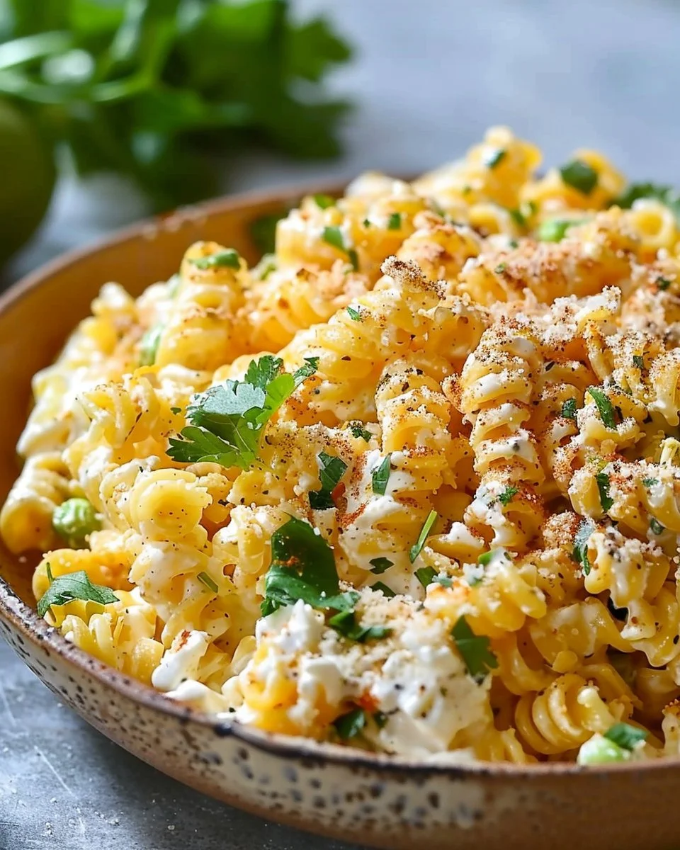 Elote pasta salad with Greek yogurt served in a bowl, garnished with cilantro and lime.