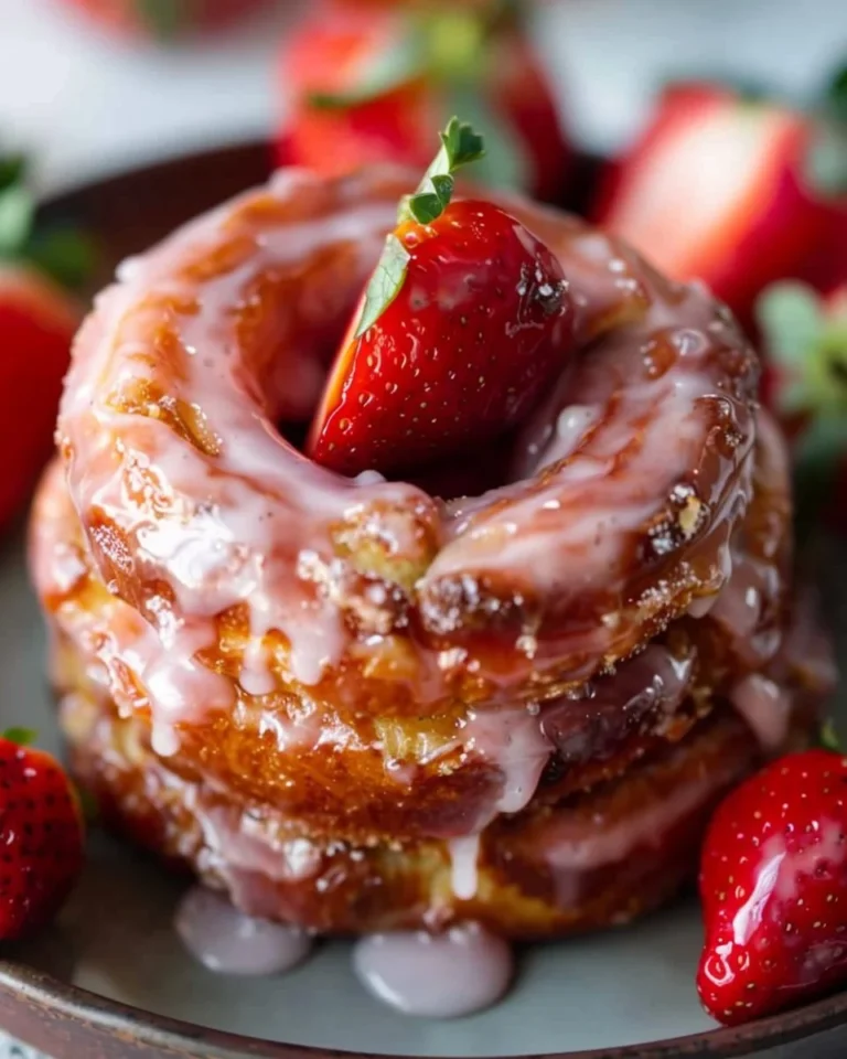 French crullers with strawberry glaze on a white plate