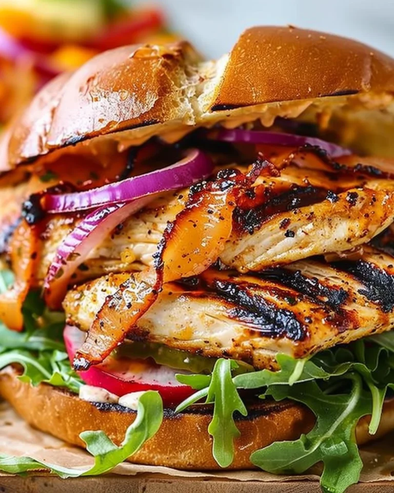 Juicy grilled chicken breast sandwich on a bun with fresh toppings