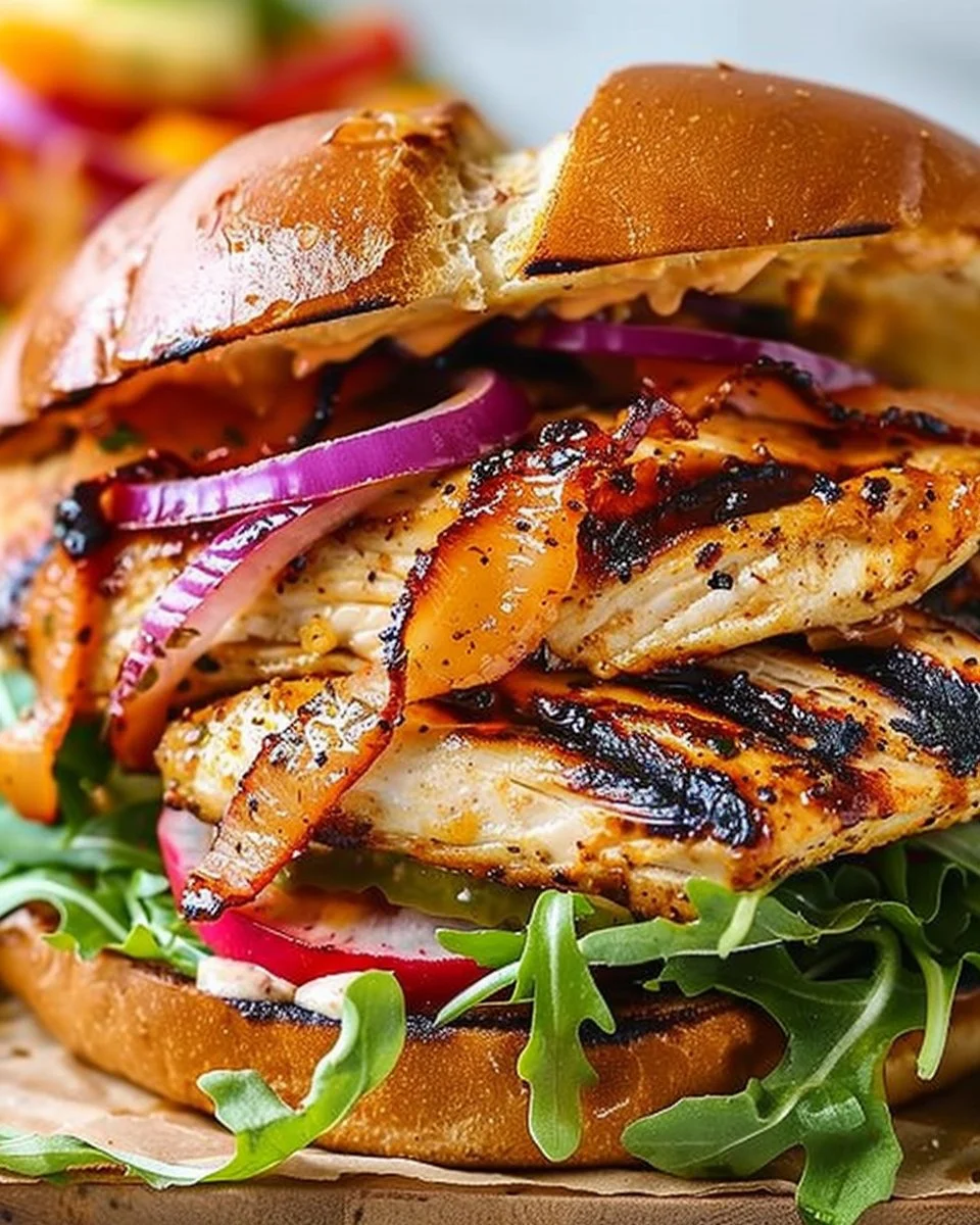 Juicy grilled chicken breast sandwich on a bun with fresh toppings