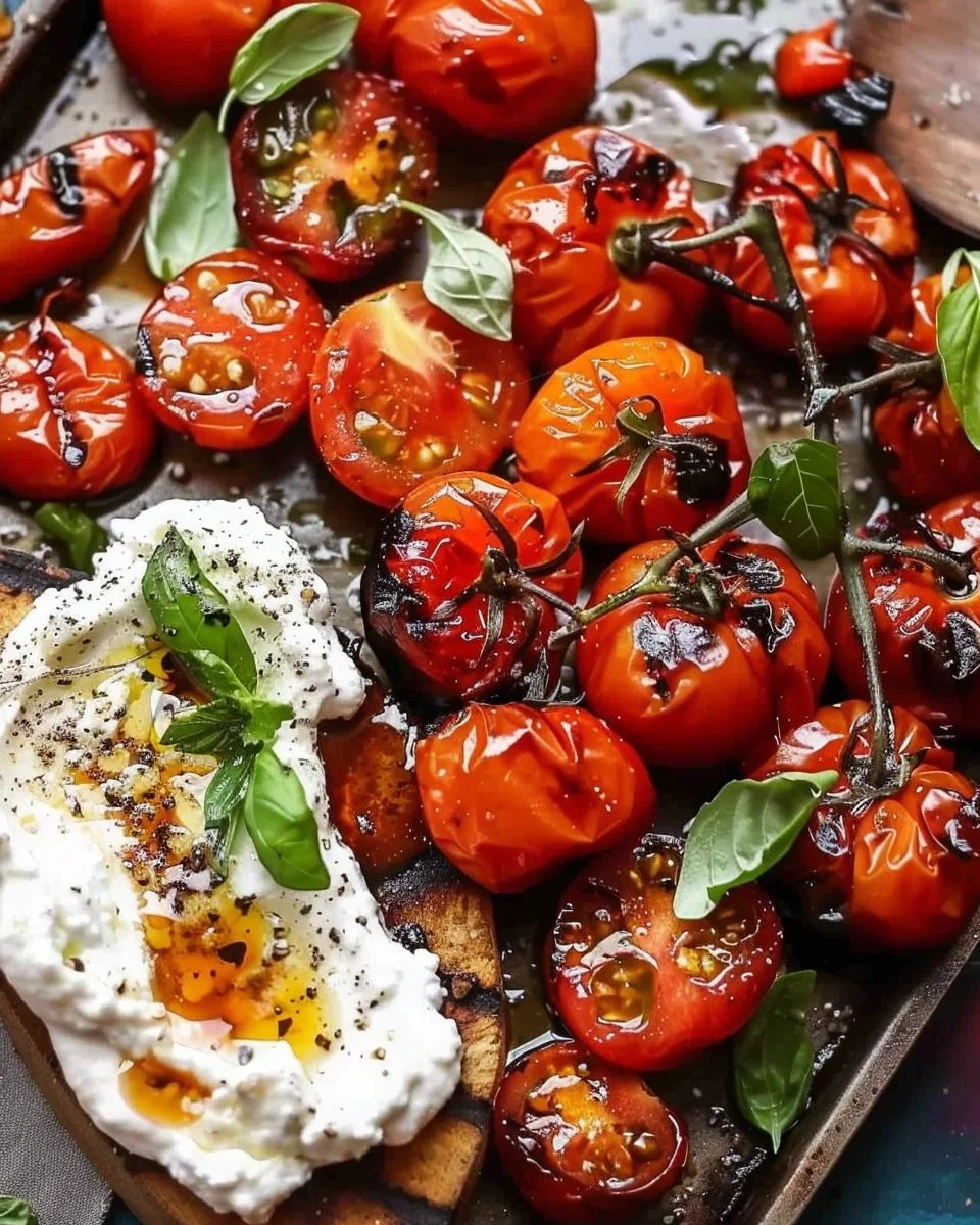 Grilled tomatoes topped with ricotta cheese on a plate