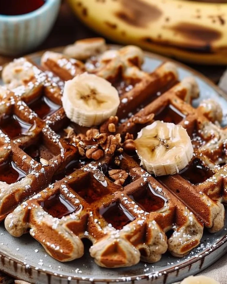 Healthy banana oat waffles topped with fresh fruits and syrup