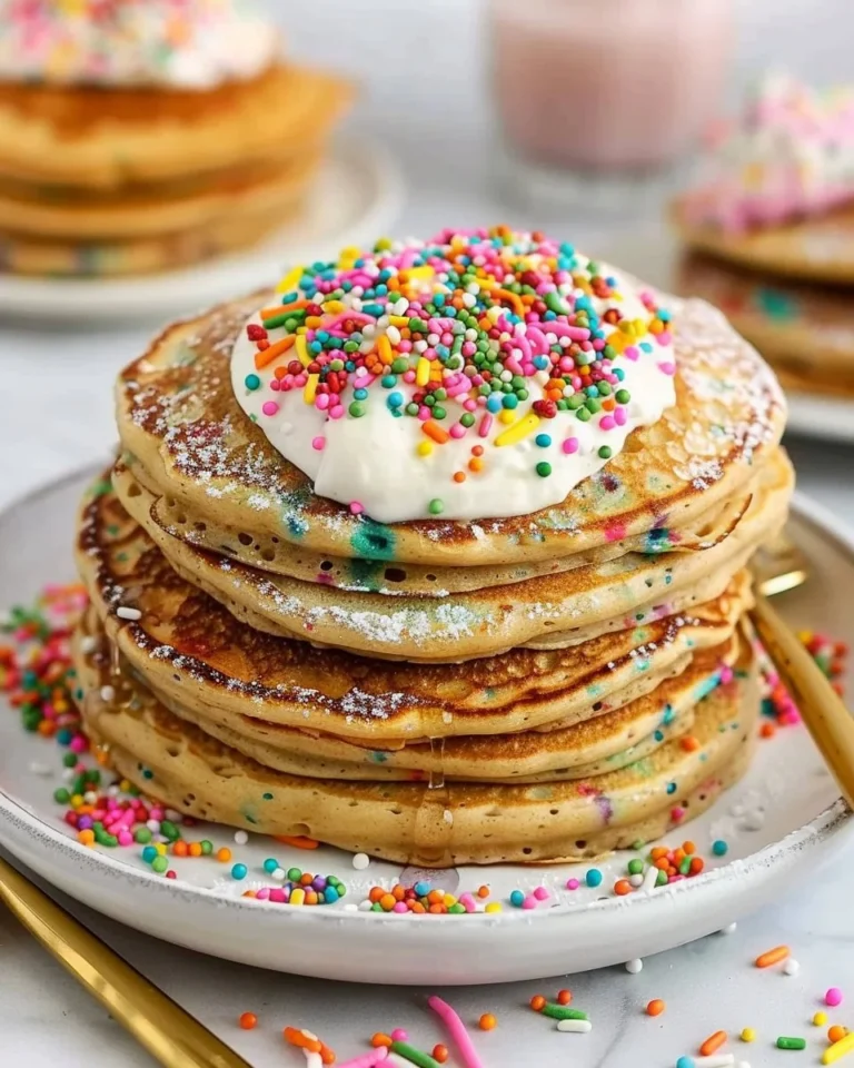 Stack of Healthy Funfetti Pancakes topped with sprinkles and fresh fruit