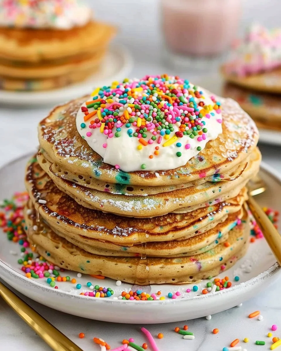 Stack of Healthy Funfetti Pancakes topped with sprinkles and fresh fruit
