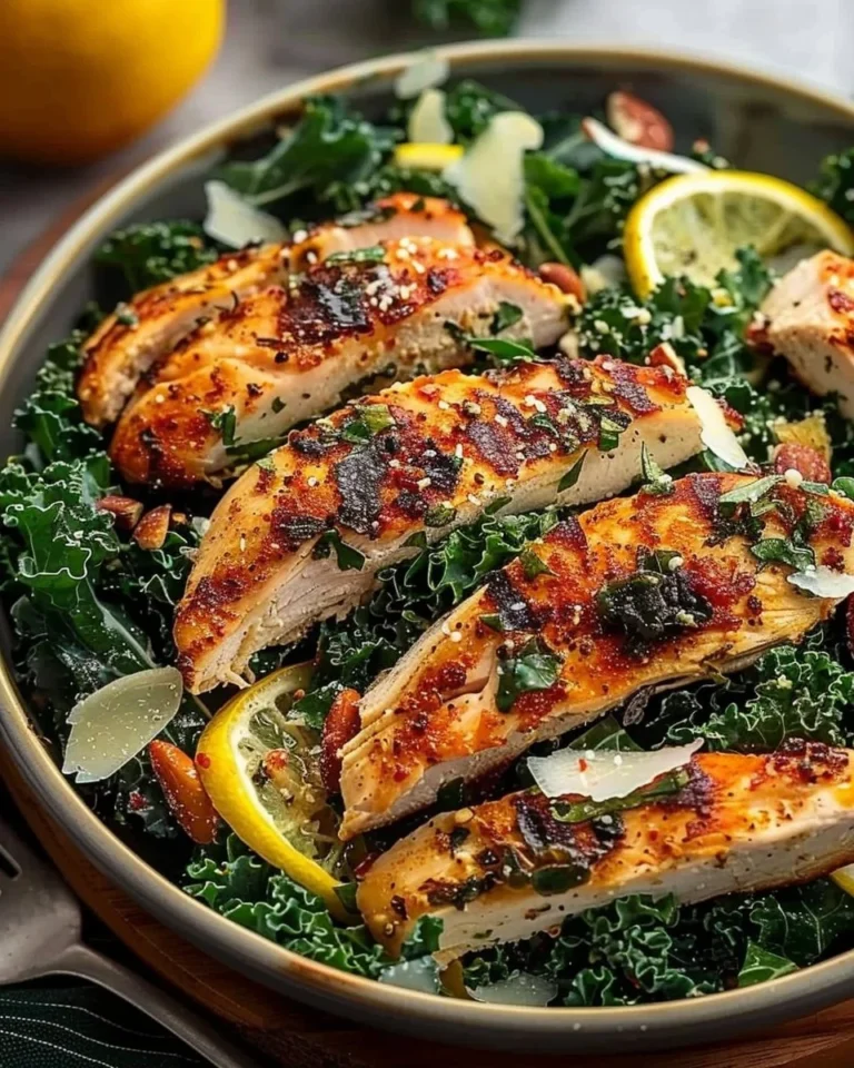 Healthy lemon chicken kale salad in a bowl with vibrant vegetables