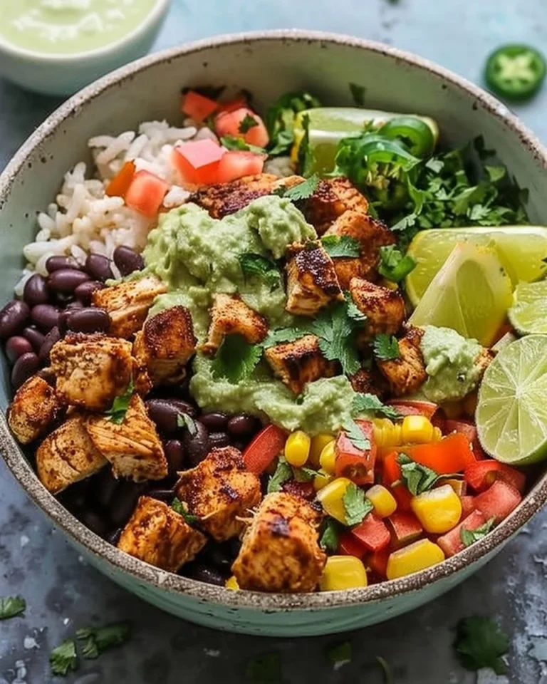 High-protein chicken burrito bowl with fresh vegetables and toppings