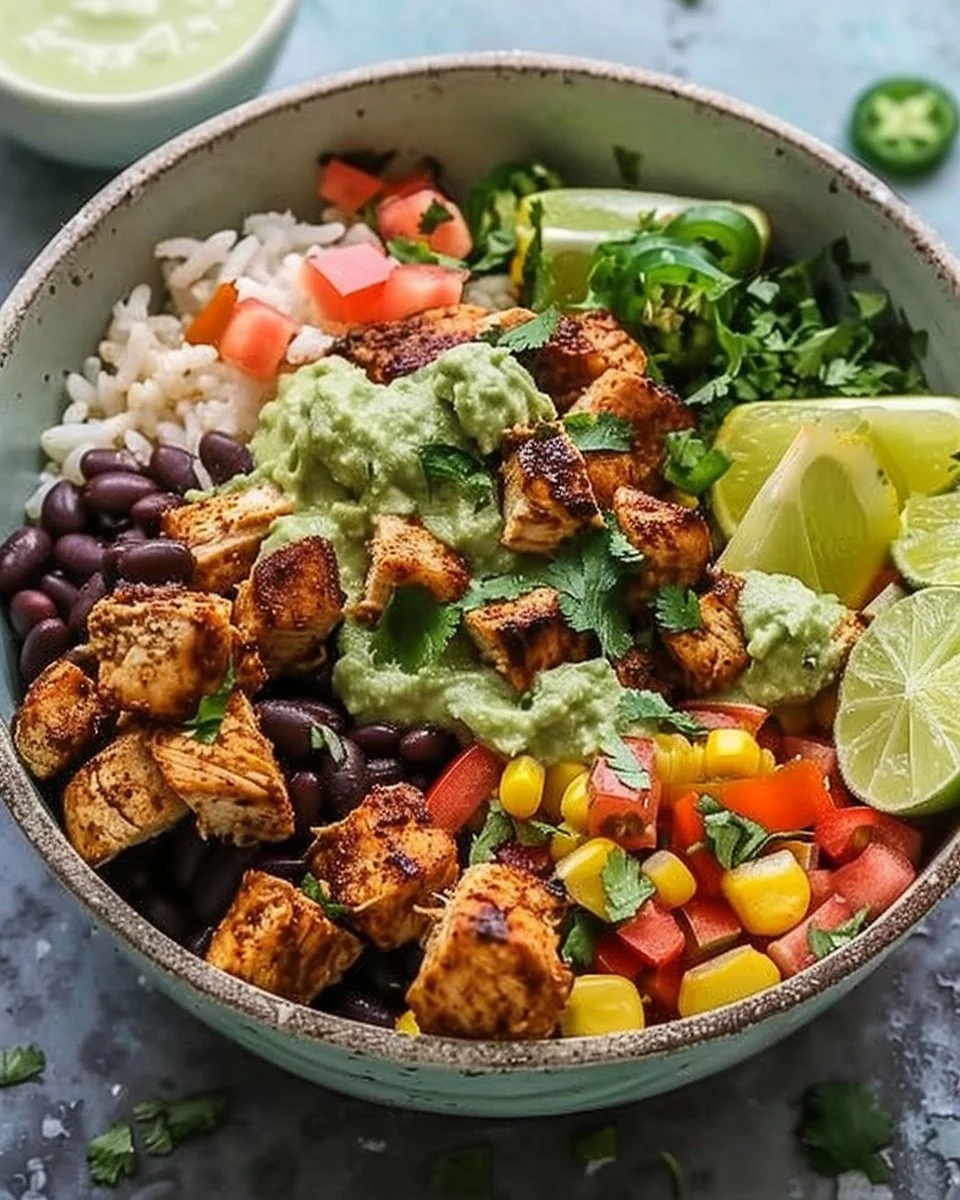 High-protein chicken burrito bowl with fresh vegetables and toppings