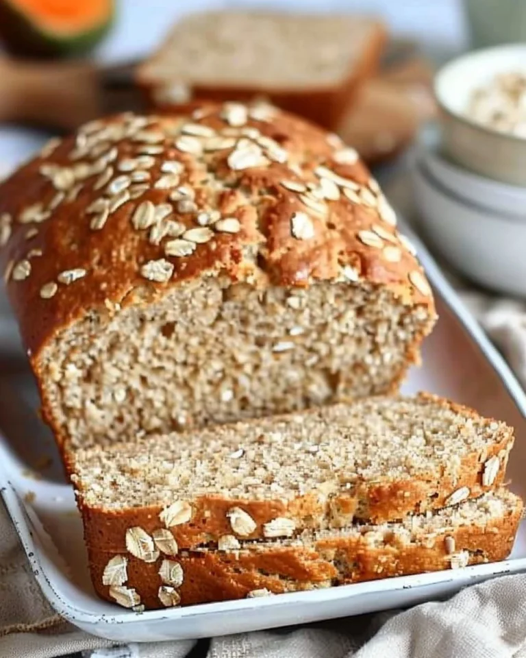 Loaf of honey oat quick bread freshly baked and sliced for serving.
