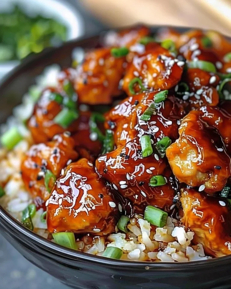 Hot Honey Chicken Bowl topped with fresh vegetables and honey glaze