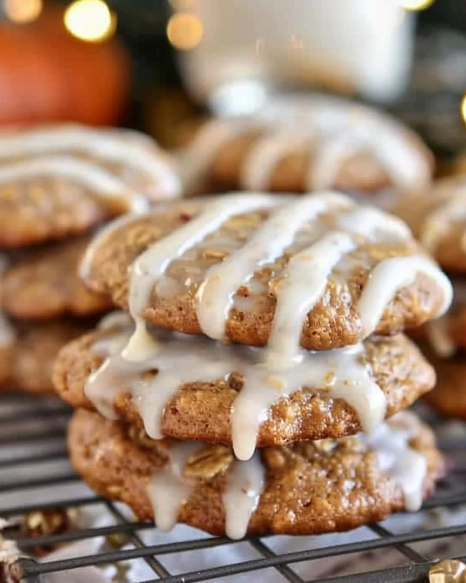 Iced pumpkin oatmeal cookies with cinnamon frosting on a wooden platter