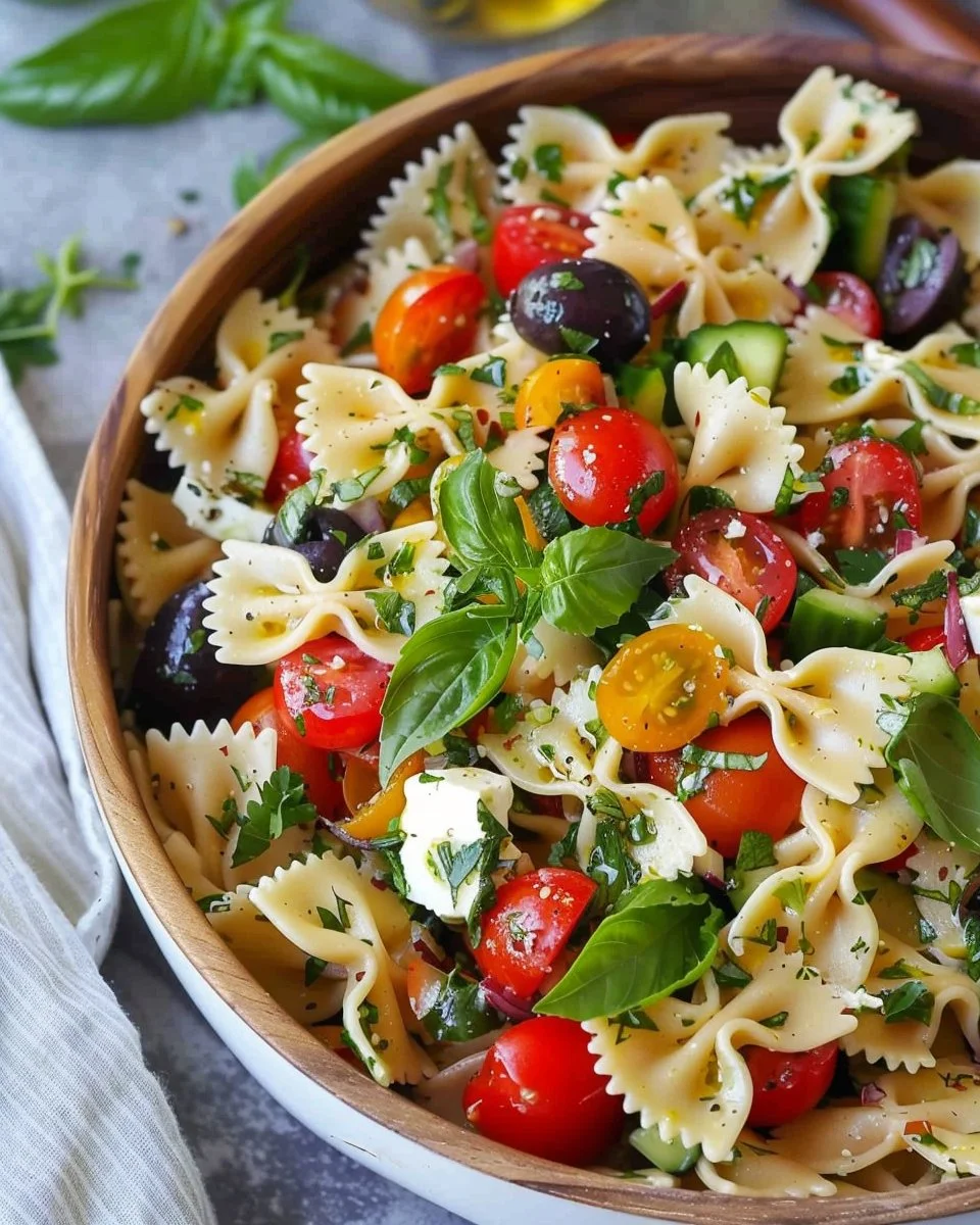 Colorful Italian bow tie pasta salad with vegetables and dressing