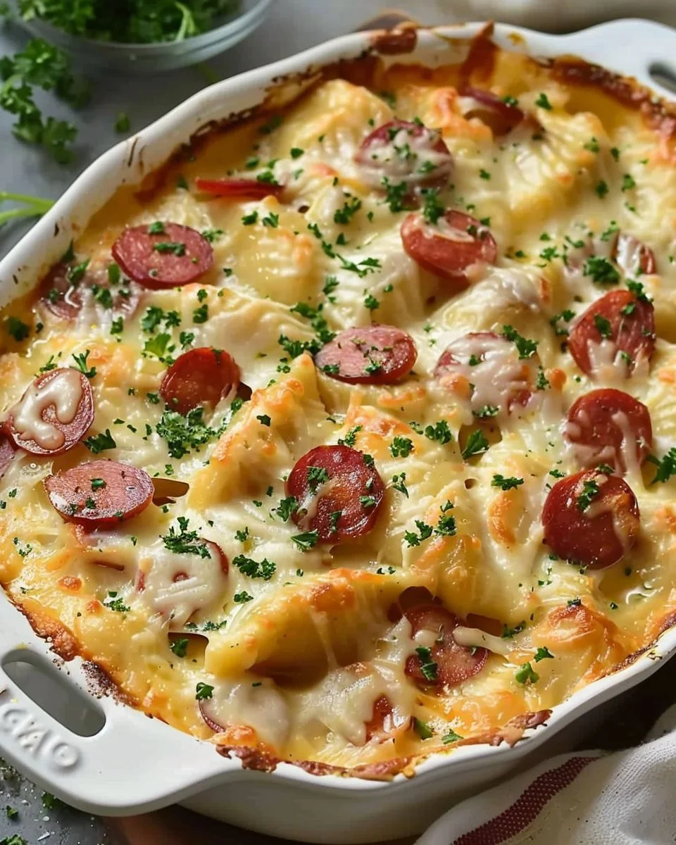 Delicious Kielbasa Pierogi Bake topped with melted cheese