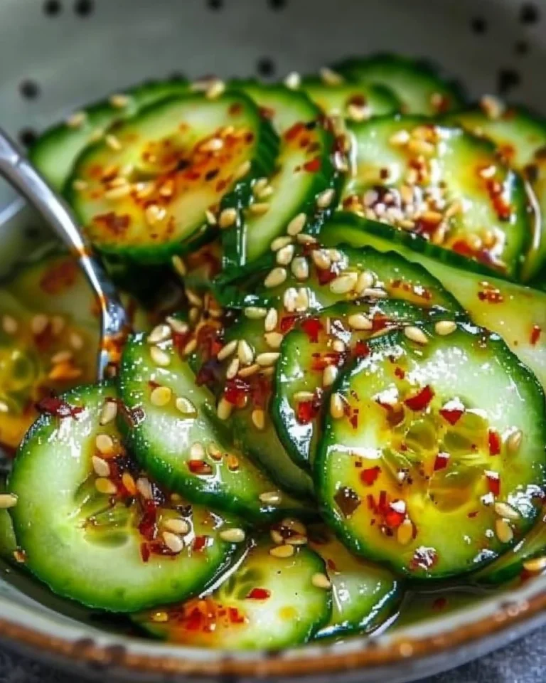 Delicious Korean cucumber salad served in a bowl, garnished with sesame seeds.