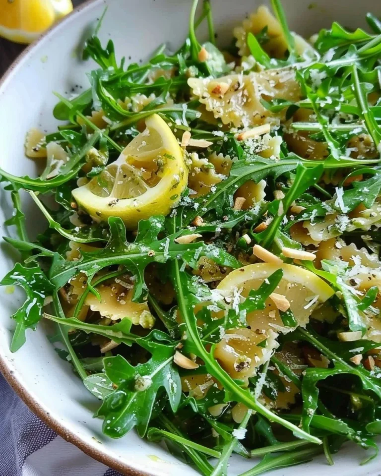 Lemon Arugula Pasta Salad served in a bowl, garnished with fresh herbs