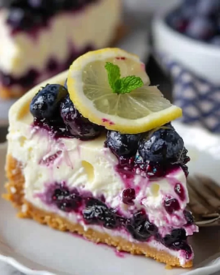 Slice of Lemon Blueberry Cheesecake topped with fresh blueberries