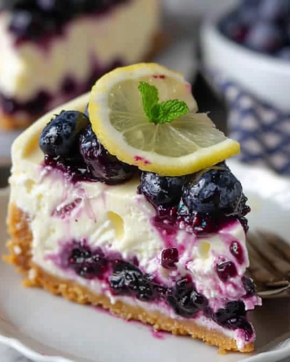 Slice of Lemon Blueberry Cheesecake topped with fresh blueberries