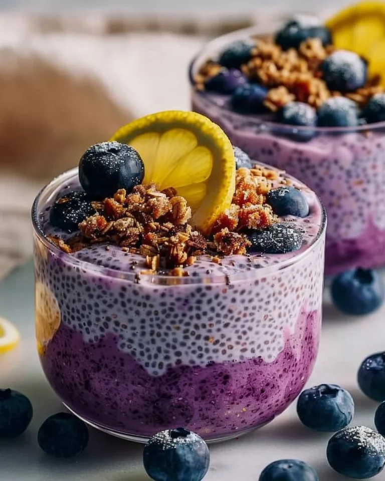 Lemon blueberry muffin chia pudding topped with fresh blueberries and lemon zest.