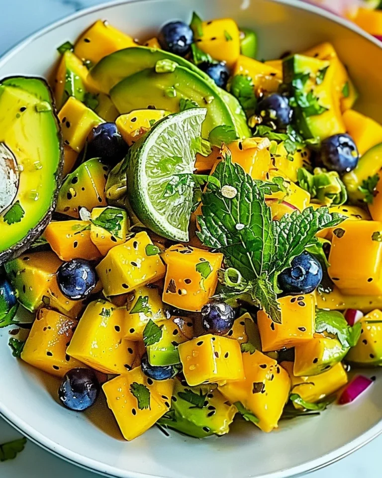 A fresh Mango and Avocado Salad garnished with lime and cilantro
