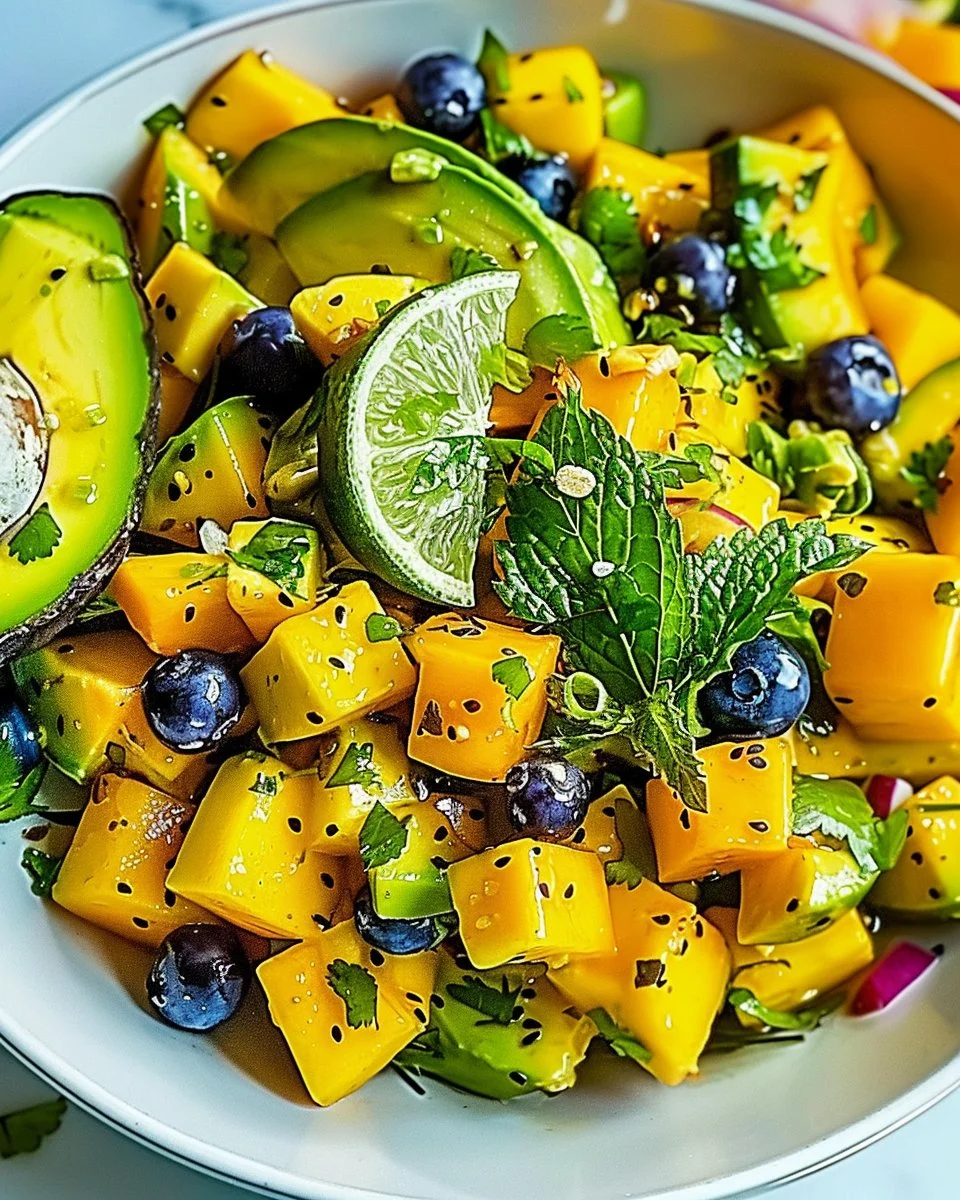 A fresh Mango and Avocado Salad garnished with lime and cilantro
