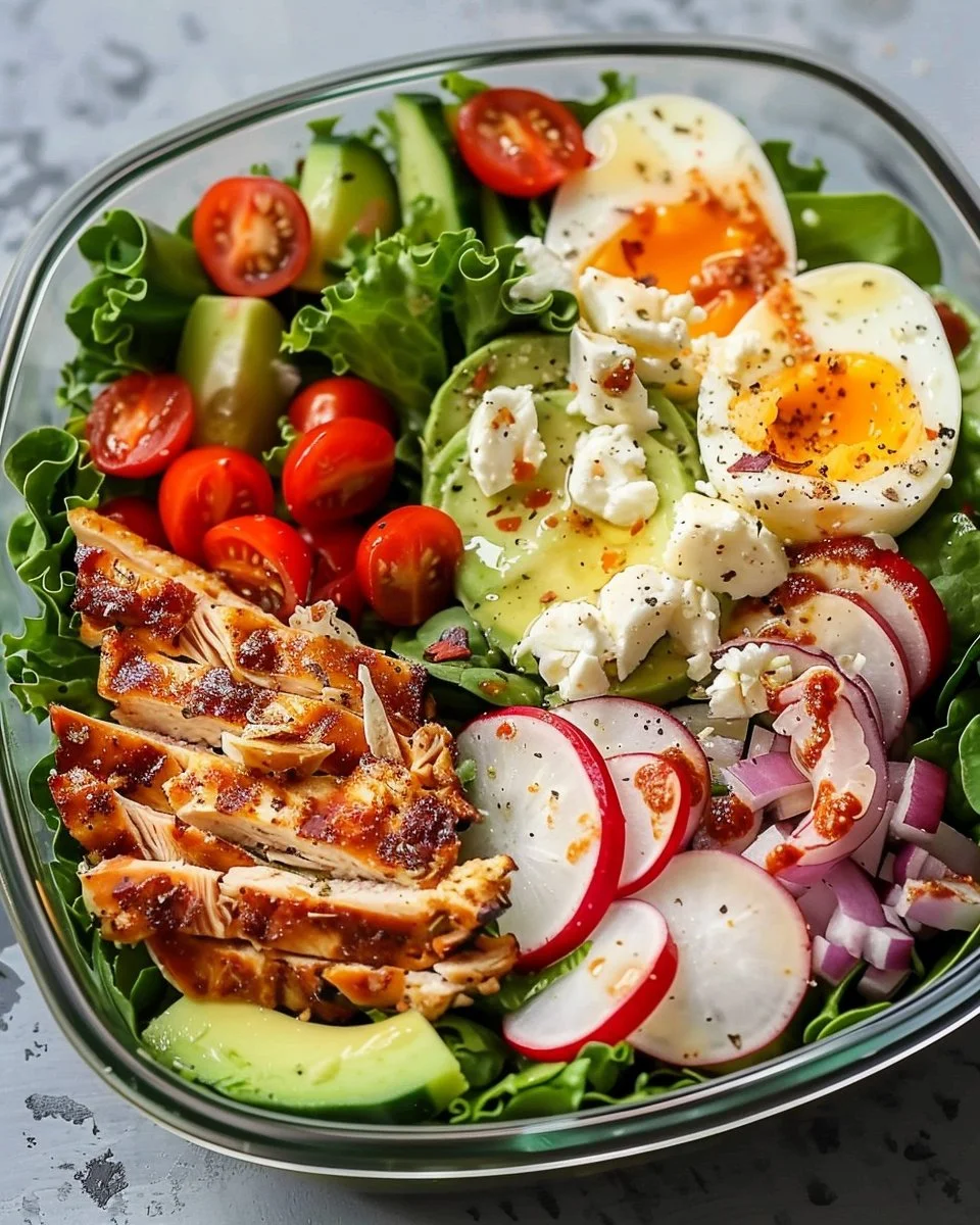 Meal Prep Cobb Salad with fresh ingredients and vibrant colors.