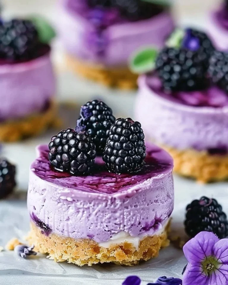 Mini Blackberry-Lavender Cheesecake Bites served on a white plate