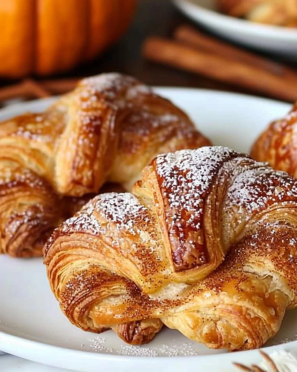 Mini pumpkin pie croissants on a wooden platter with autumn leaves