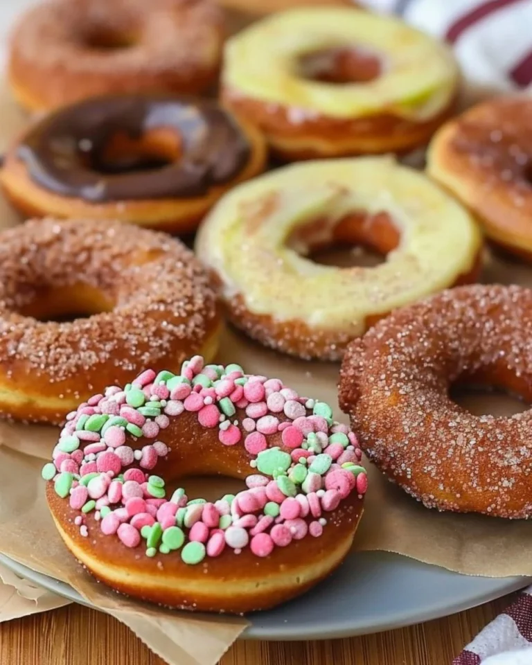 No-bake apple donuts topped with colorful sprinkles, perfect for kids.