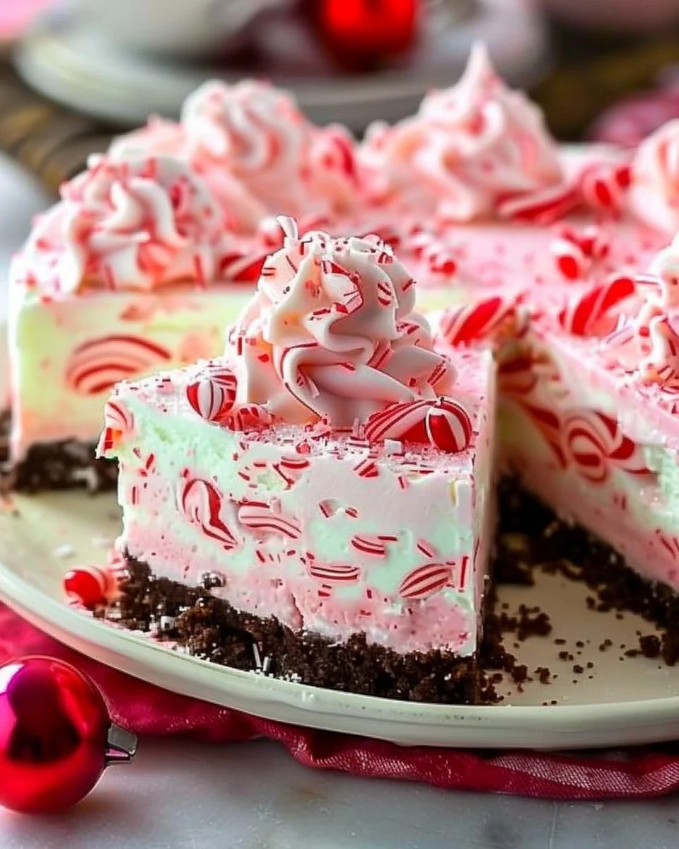 Delicious no-bake peppermint cheesecake topped with whipped cream and crushed peppermints