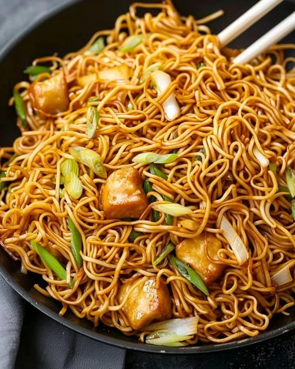 Panda Express Chow Mein recipe with cooked noodles and fresh vegetables