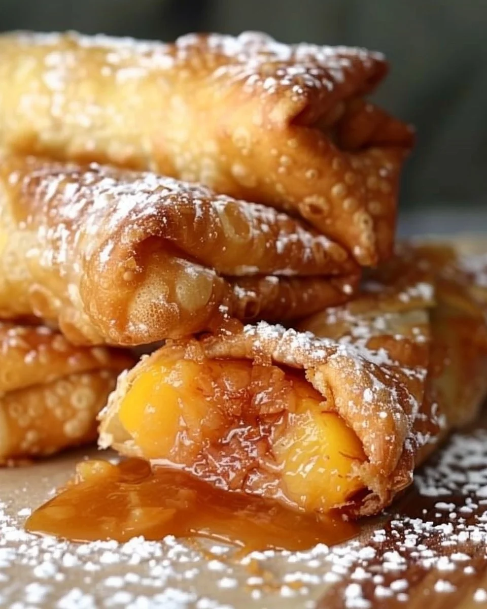 Delicious peach cobbler egg rolls on a plate, showcasing a dessert twist.