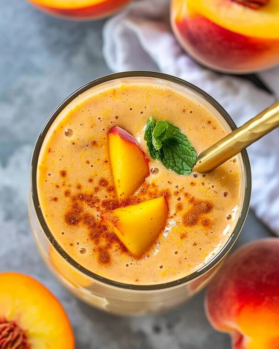 Healthy peach smoothie with Greek yogurt and no added sugar in a glass