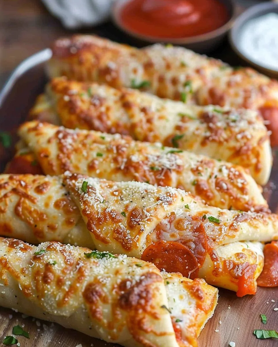 Delicious pepperoni stuffed pizza breadsticks with melted cheese and pepperoni toppings.
