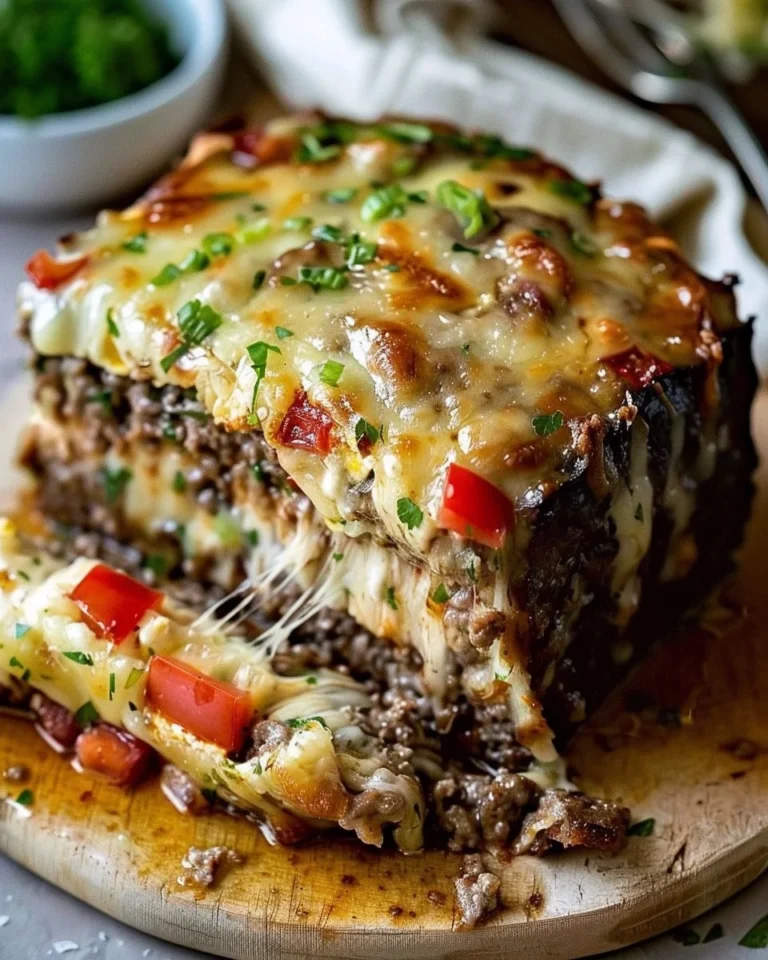 Philly Cheesesteak meatloaf topped with melted cheese and sautéed peppers.