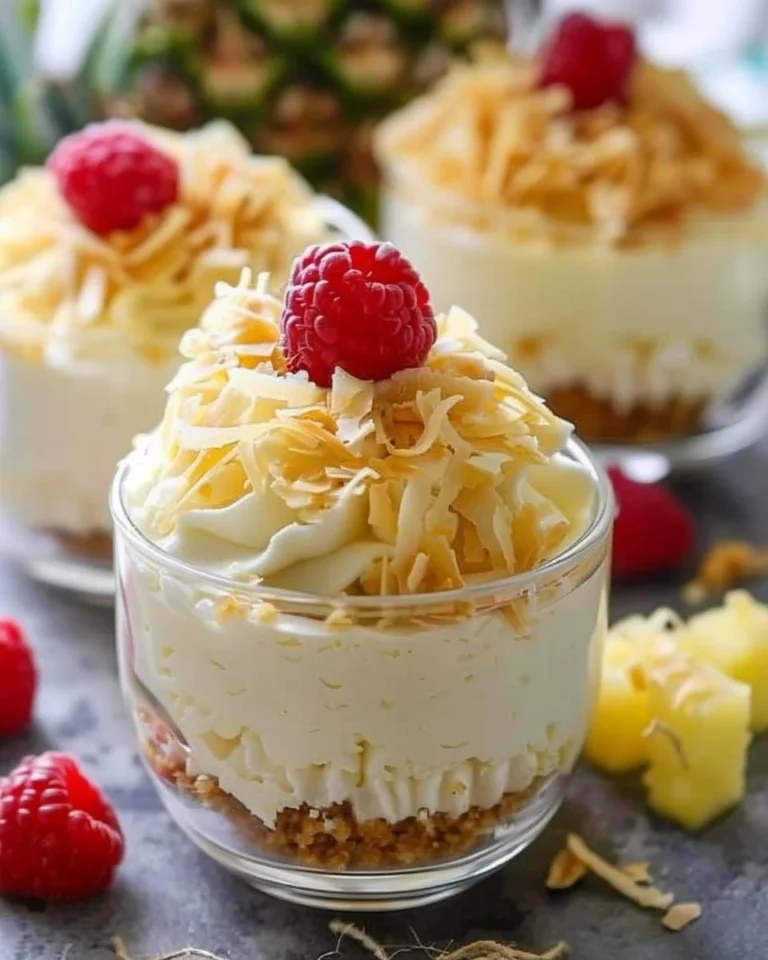 Delicious Pina Colada Cheesecake Mousse topped with coconut and pineapple.