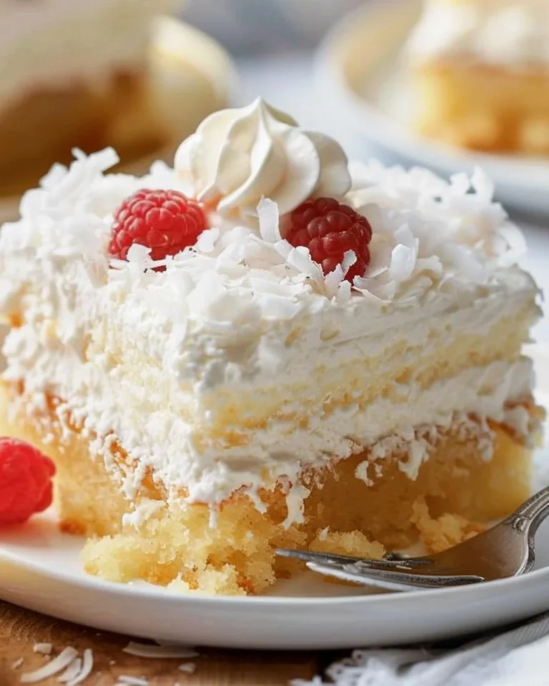Delicious Pina Colada Poke Cake topped with coconut and pineapple.