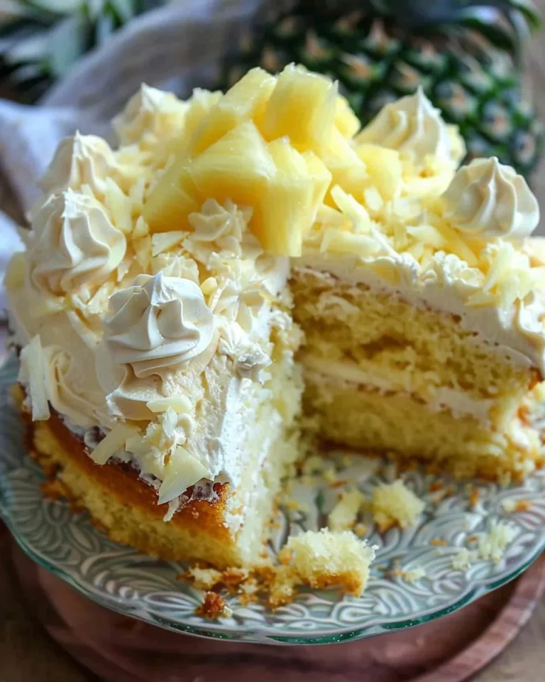 Pineapple Sunshine Cake with vibrant yellow layers and fresh fruit topping